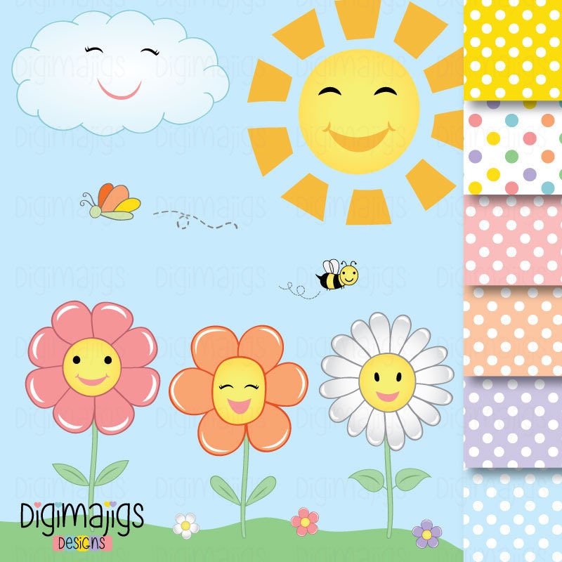 Smiling Flowers Clipart Set Cute Flowers Spring clipart