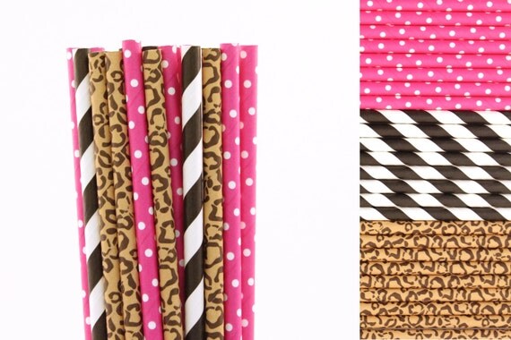 Hot Pink Cheetah Paper Straw Mix-Hot Pink Straws-Cheetah Print Straws-Black Striped Straws-Glam Party Straws-Tween Party Straws-Paper Straws Il_570xn