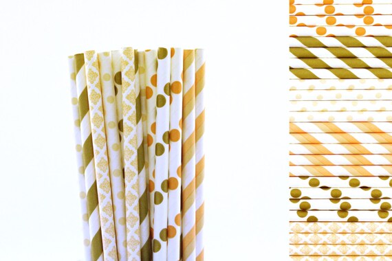 Peach and Gold Paper Straw Mix-Peach Straws-Wedding Straws-Polka Dot Straws-Damask Straws-Striped Straws-Gold Straws-Butterfly Party Il_570xn