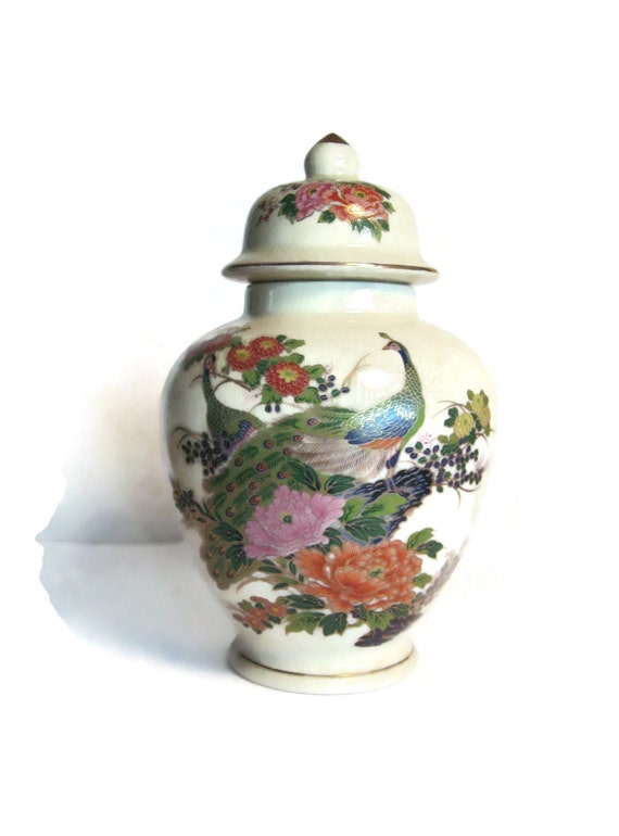 Vintage Ginger Jar Satsuma Peacock & Floral by PSSimplyVintage