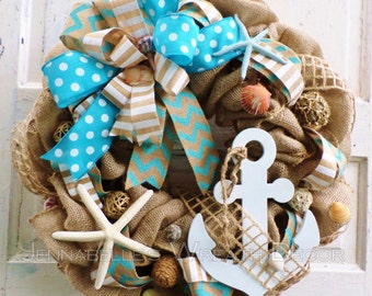 Nautical Wreath, Beach Decor, Summer Wreath, Burlap, Beach Wreath, Wood Anchor, Starfish, Beach Shells