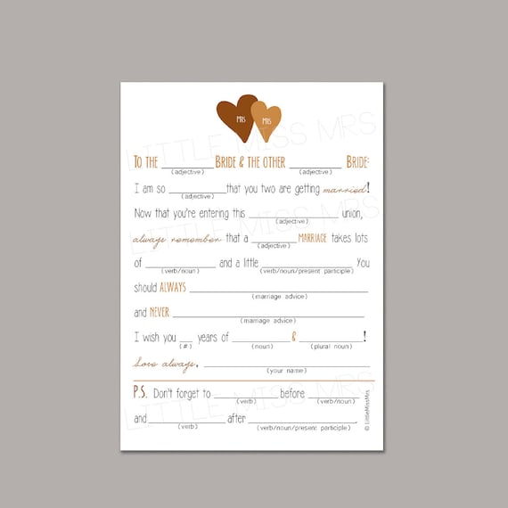 3 color options Same-sex couple Mad-lib Wedding Advice cards for the Brides-to-be