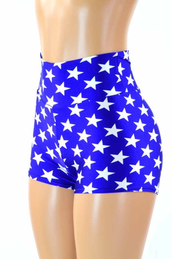 Blue and White Star Print High Waist Super Hero Booty Shorts