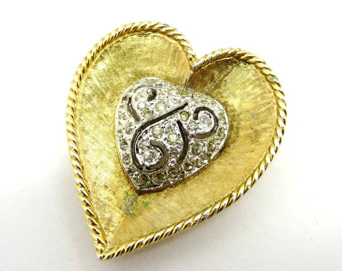 PANETTA Heart Brooch, Vintage Gold Tone Pave Rhinestone Heart Pin, Designer Jewelry, Valentine's Day Gift