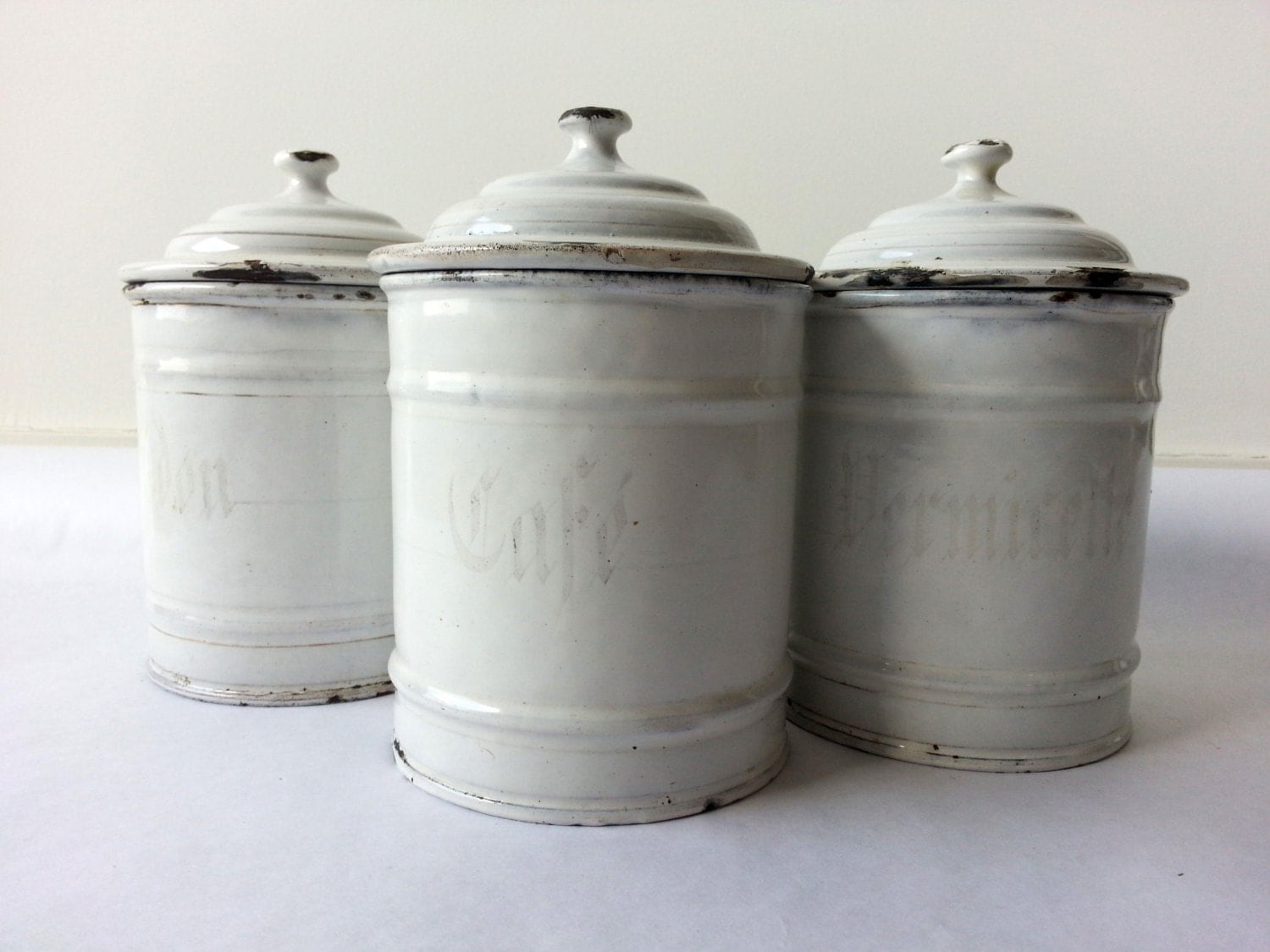 1930's French Kitchen white CANISTERS SET of 3/ French