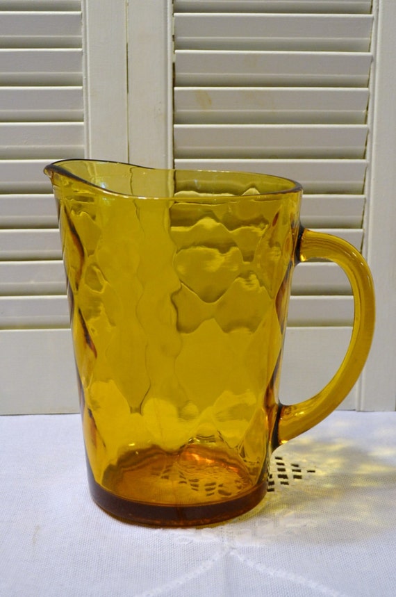 Vintage Amber Glass Pitcher Diamond Pattern Water Ice Tea