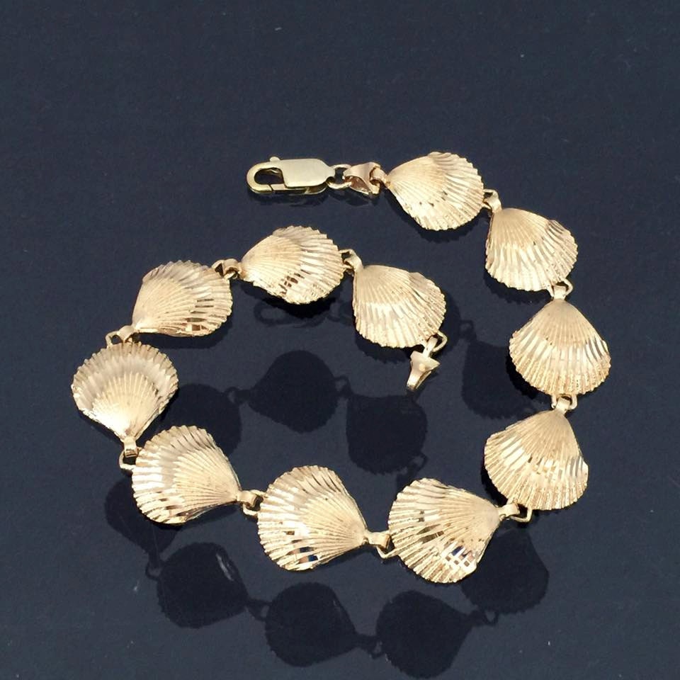 Vintage 14K Solid Yellow Gold Sea Shell Link Chain Bracelet 7