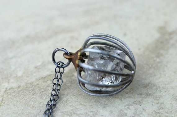 Gemstone Cage Pendant Herkimer Diamond Vintage Metal Jewelry Raw ...
