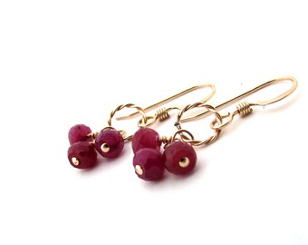 Delicate ruby earrings, red cluster earrings, July birthstone earrings, gold filled ruby jewelry, gold red earrings, ruby birthstone jewelry