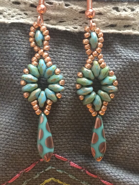 Copper & teal dangle earrings by ElderberryBeads on Etsy