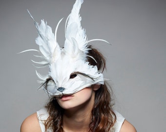 Luxury White Rabbit Mask, White Rabbit Headdress, Festival Mask, Feather Animal Mask, Alice Mask, Christmas Masquerade, Zootopia, Cosplay