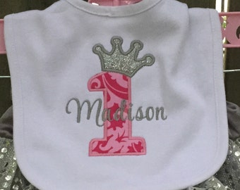 Personalized Princess Crown 1st Birthday Bib **SALE**