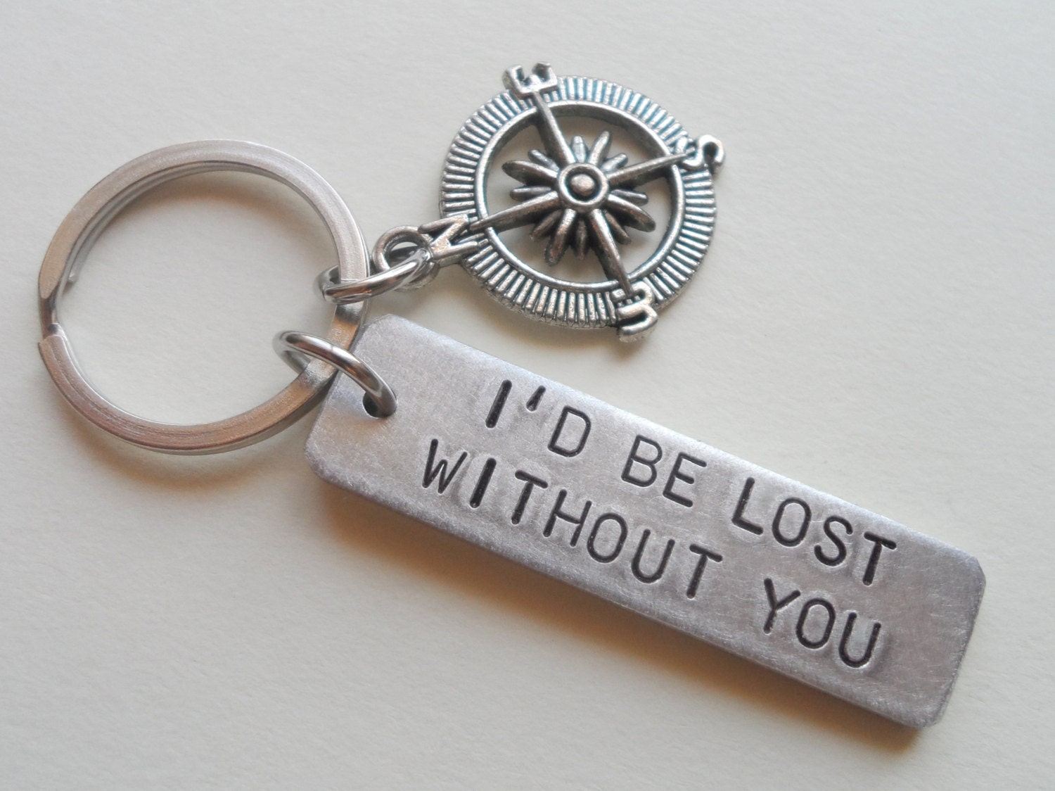 Compass Keychain with Hand Stamped Custom Aluminum Tag