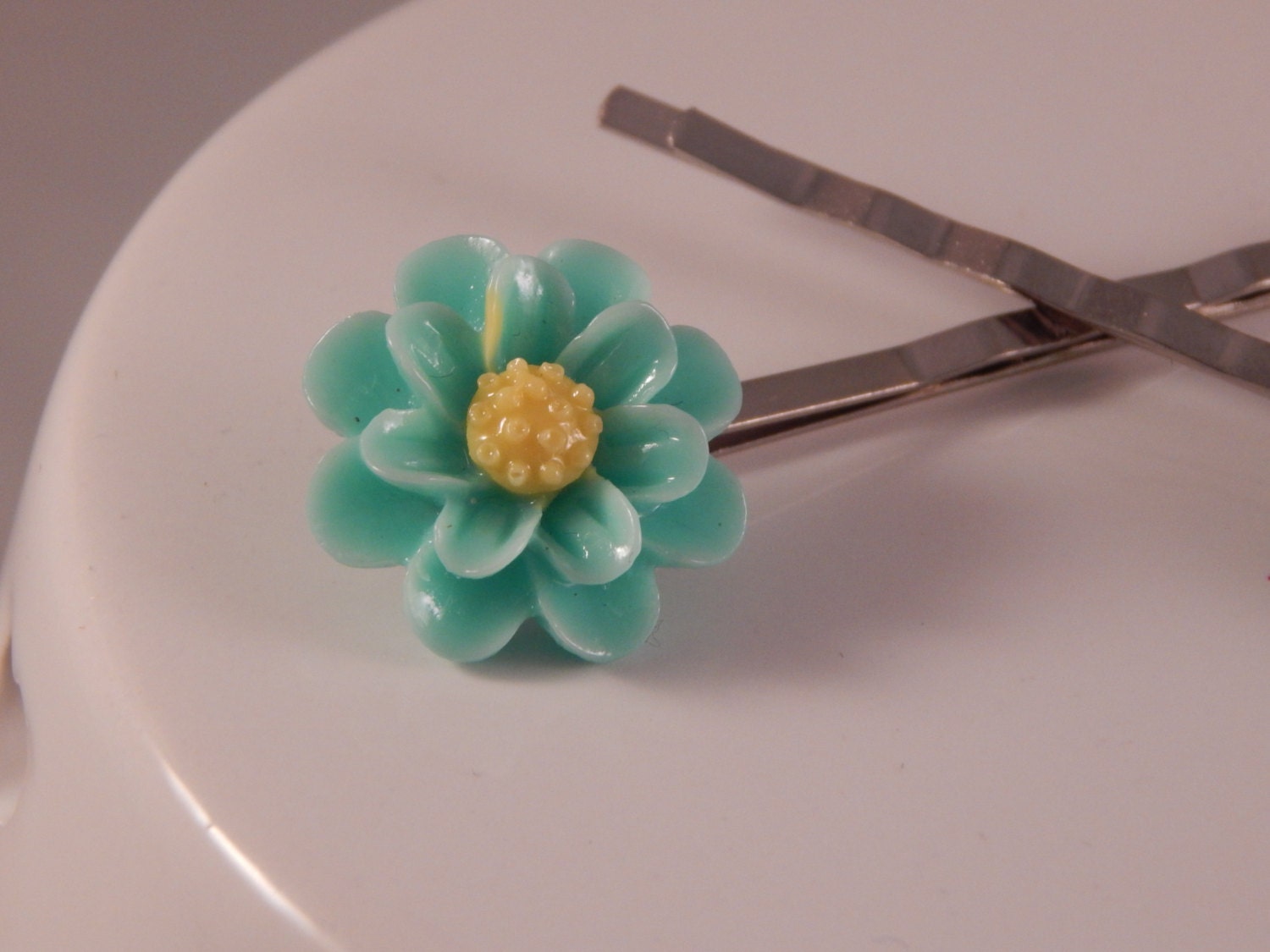 Resin Teal floral hairpin wedding flower girl by 1NativeDezines