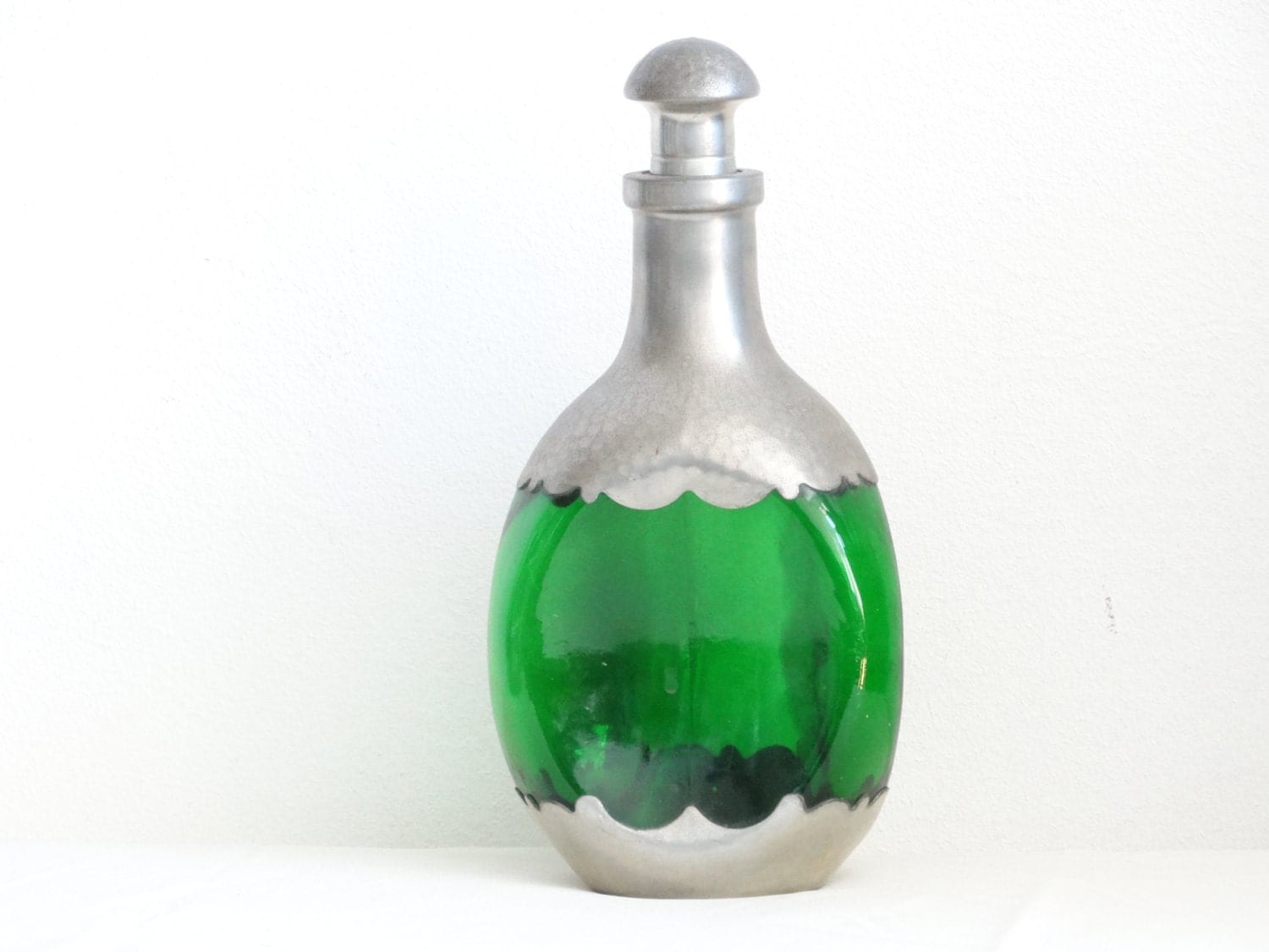 Vintage Green Liquor Bottle with Pewter Decoration Haute Juice