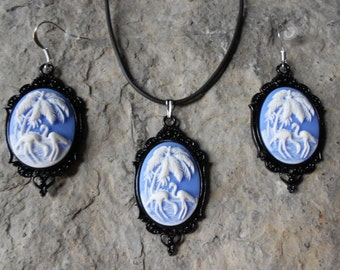 Stunning 2 Piece Set- Tropical Flamingo (s) Cameo Necklace and Earrings - White and Blue - Black Setting--- Great Quality