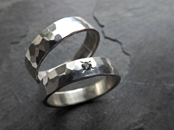 wedding rings, rustic wedding ring set, hammered wedding bands, womens ...