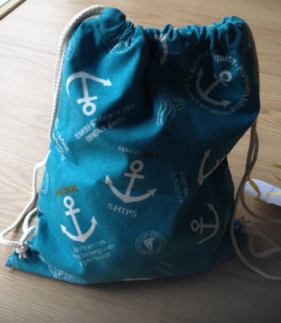 Fabric swim bag big anchor print waterproof lining by drawastring