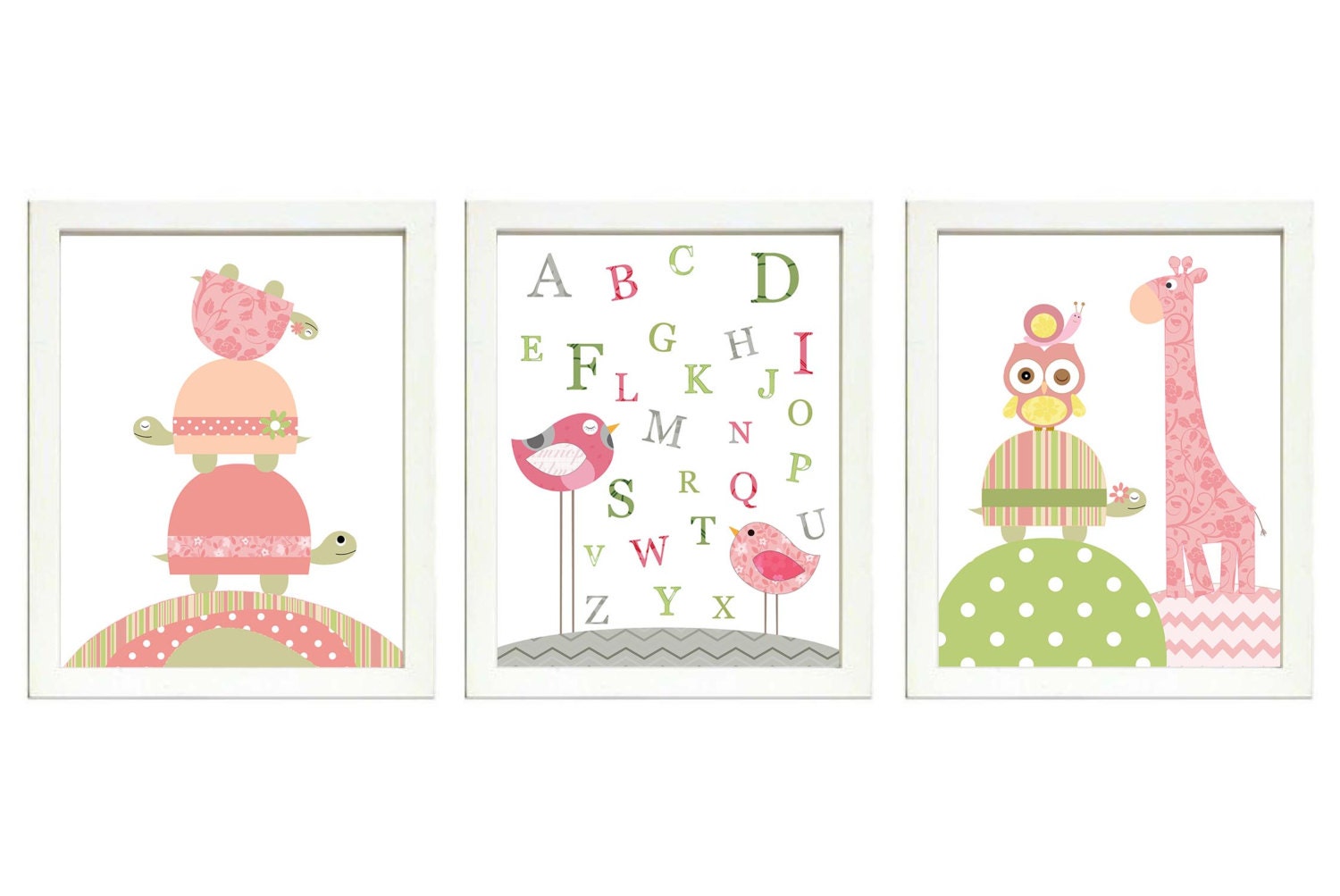 Pink Green Girls Nursery Art Print Set of 3 Bird Turtle Giraffe Snail ABC Alphabet Baby Nursery Prin