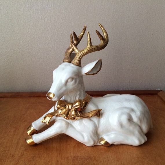 White Porcelain Buck Deer with Gold Gilding in Setting