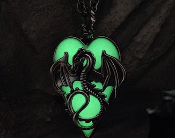 Maleficents Glowing Pendant - New Colors - Glow in the Dark Jewelers Resin, Steel Heart Bezel, Silver Plated Dragon and Rope Chain