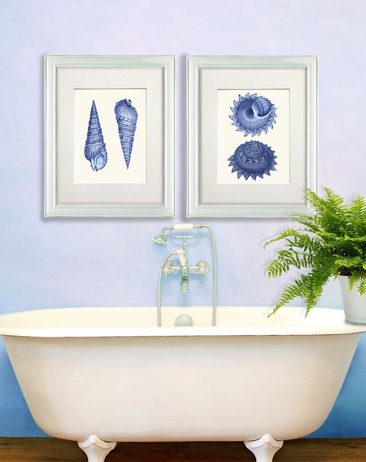 Blue Sea shell art print Duo 2 seashell art by NauticalNell