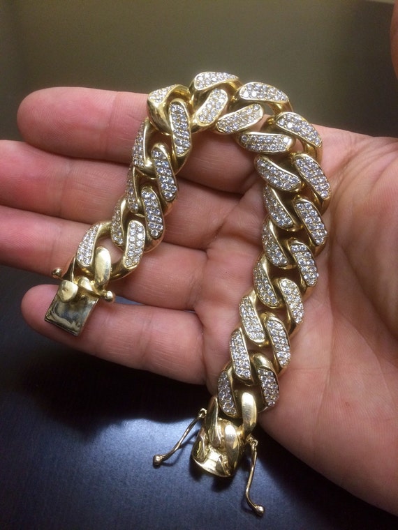 14K Yellow Gold Cuban Link Diamond Bracelet 14K Diamond