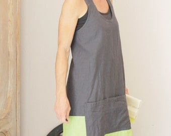 Linen apron in Ardoise and Springgreen, Cross back, Pinafore apron, Natural linen, Eco friendly