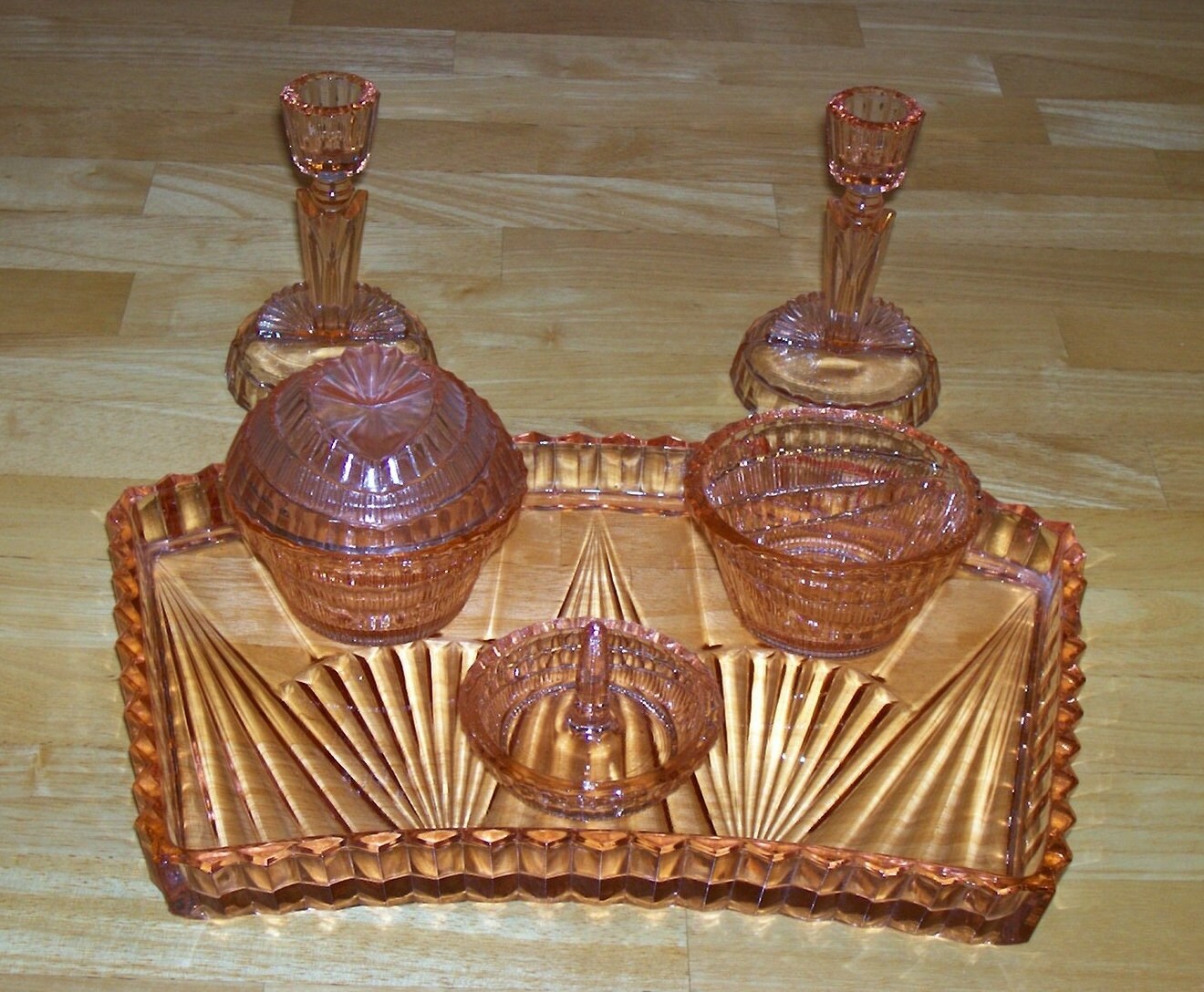 Vintage glass dresser set Art Deco pink salmon collectible