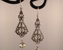 Victorian Inspired Silver Filigree Chandelier Earrings Vintage Clear Glass Stone Silver Plated Women&#39;s Jewelry - il_214x170.769786321_iqw5