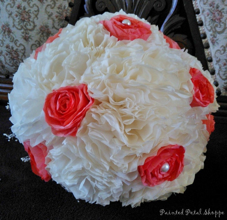 Ivory & Coral Coffee Filter Bridal Bouquet/ by