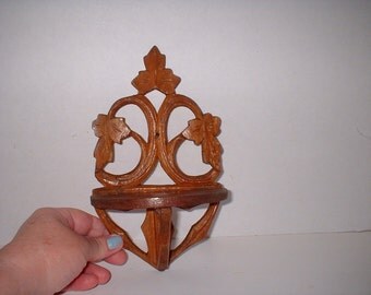 Antique Carved Leaves Small Wood Curio Shelf Foldable Victorian German 1800s Arts and Crafts German Rustic