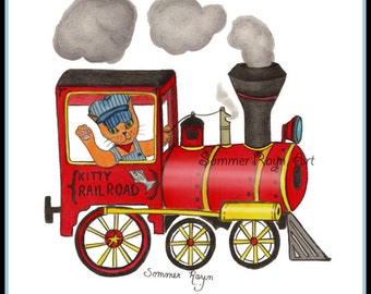 Train Engineer Kitty, riding a choo choo train, Cats, a whimsical card or print portrait, Drawing, Item #0166a