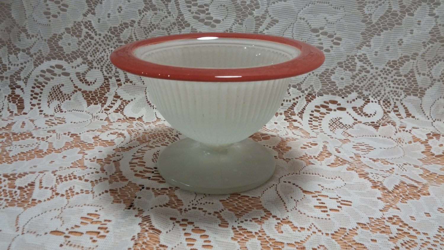 Vintage Camphor Glass Ribbed Compote with Sienna Rim. 1940’s, Mid