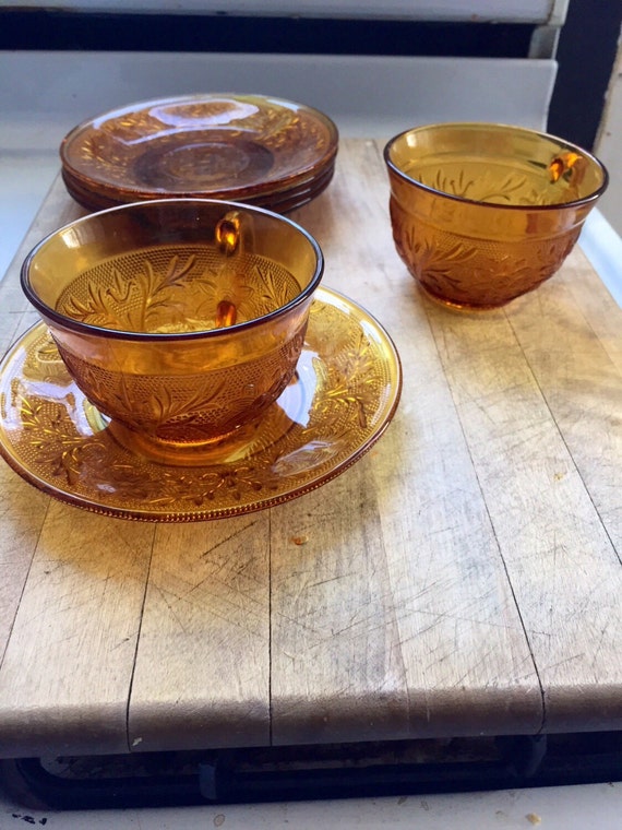 Antique glass ware tea cups and saucers matching by VintaDelphia