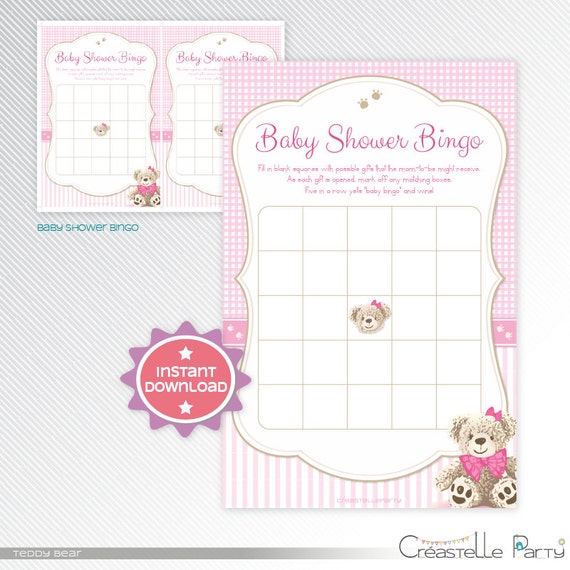Pink teddy bear bingo baby shower game by CreastelleParty on Etsy