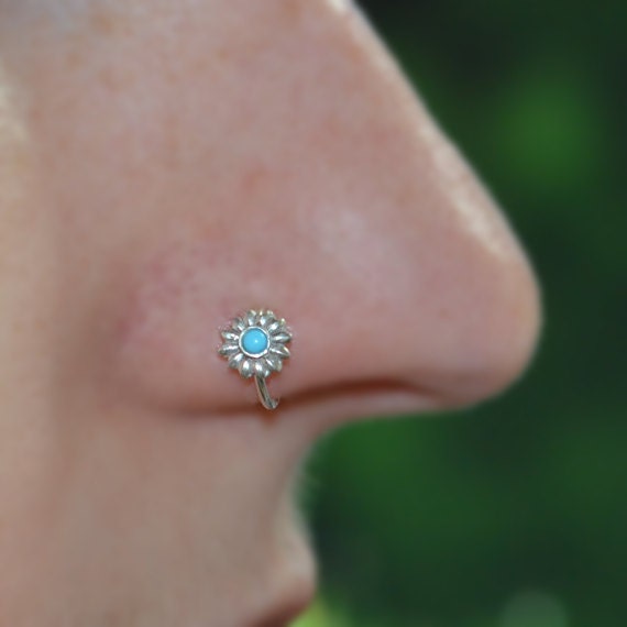 Silver Nose Ring Hoop - Nose Stud - 2mm Turquoise Tragus Earring Hoop - Cartilage Hoop Earring - Daith Earring - 20g Rook - Conch Piercing