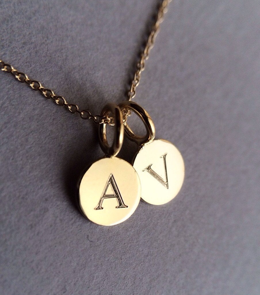 14k solid gold Tiny personalized double disc initial necklace