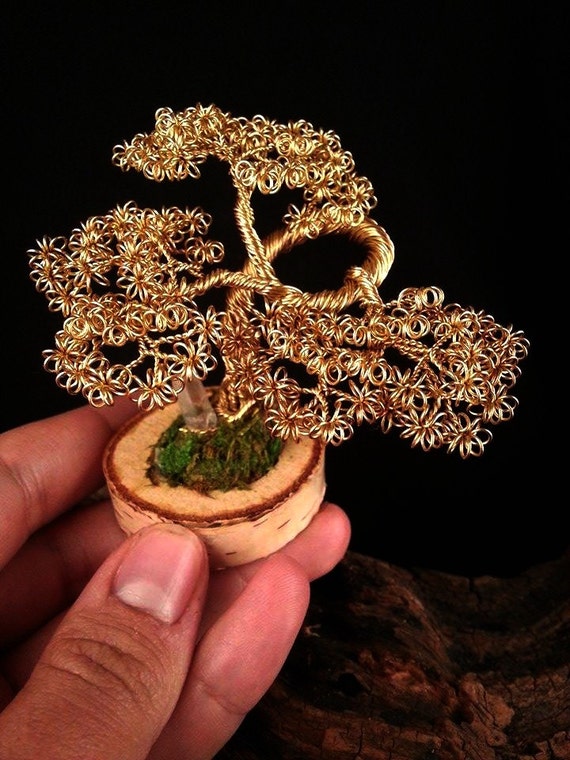 Twisted Wire Moyogi Bonsai Tree Sculpture with real Quartz