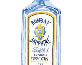 Watercolour Bombay Sapphire Gin Blank Greeting Card