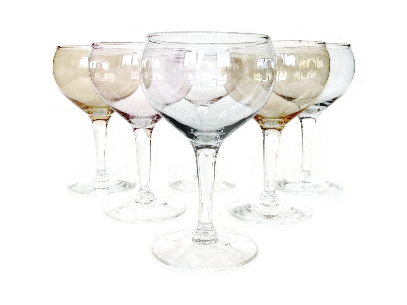 Iridescent Wine Glasses Set of Six Pink Blue Peach 1950s