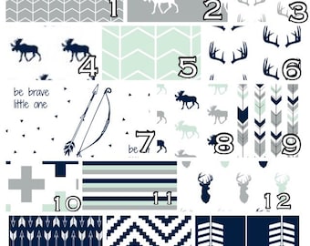Woodland Crib Bedding: Navy, Gray, Mint Northern Lights Moose, Deer Custom order crib sheet, skirt, changing cover, blanket, pillow.
