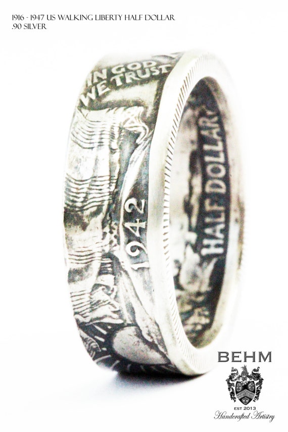 SILVER Handcrafted Coin Ring - 1916-1947 Walking Liberty Half Dollar ...