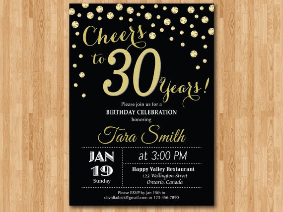 30th birthday invitation. Gold Glitter. Cheers to 30 Years