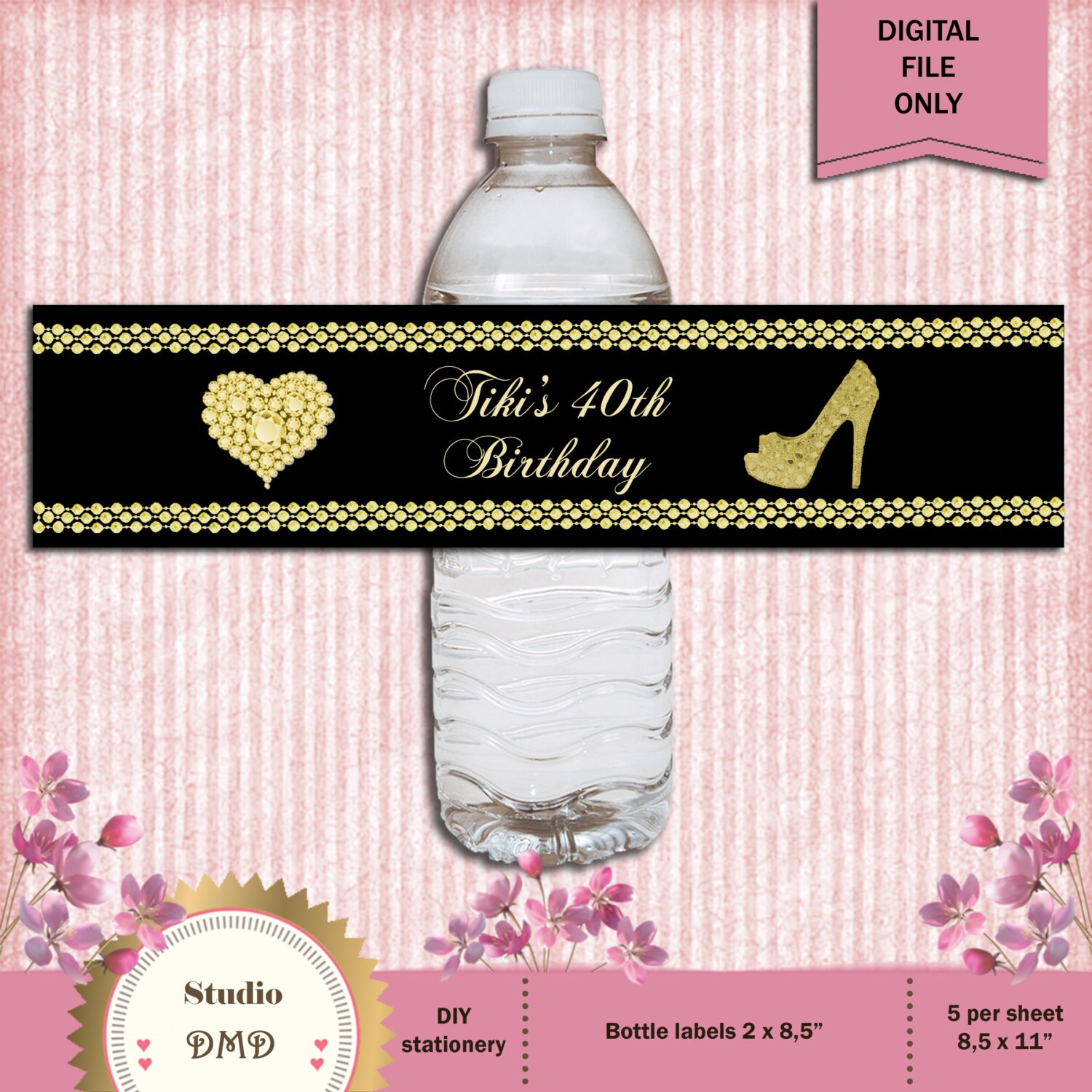 Printable Water Bottle Labels Elegant Black and Gold Crystal