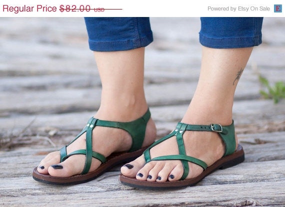 SALE 20% OFF, Green Leather Sandals, Green Sandals, Summer Shoes, Flat ...