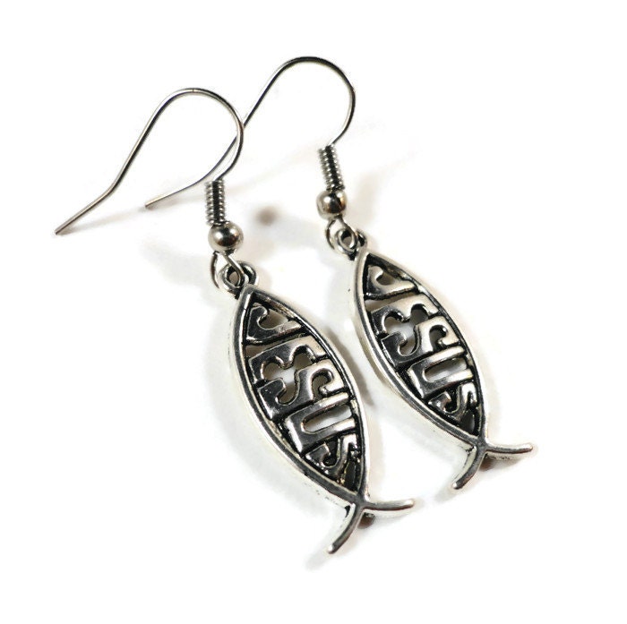 Jesus Fish Earrings Jesus Earrings Silver Charm Dangle