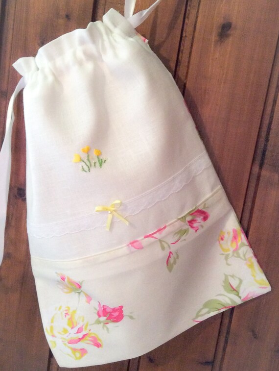 Travel Lingerie Bag Linen Drawstring Bag Hand by MadeToMarry