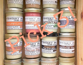 Pick 3! Fall, Winter Scented Candles, 8oz Jar, Midnight Owl Candle Company, mason jars, decor, gift, soy candles, candle deal,