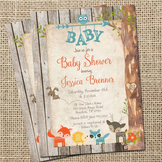 Rustic, Woodland Animals, Baby Shower Invitation, Invite, Wood, Shabby 